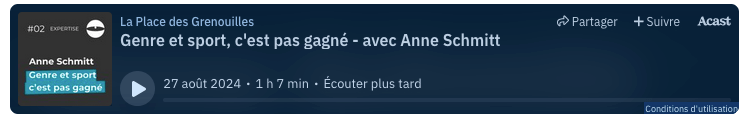 Player acast de l'épisode Genre et sport : c'est pas gagné, avec Anne Schmitt. 